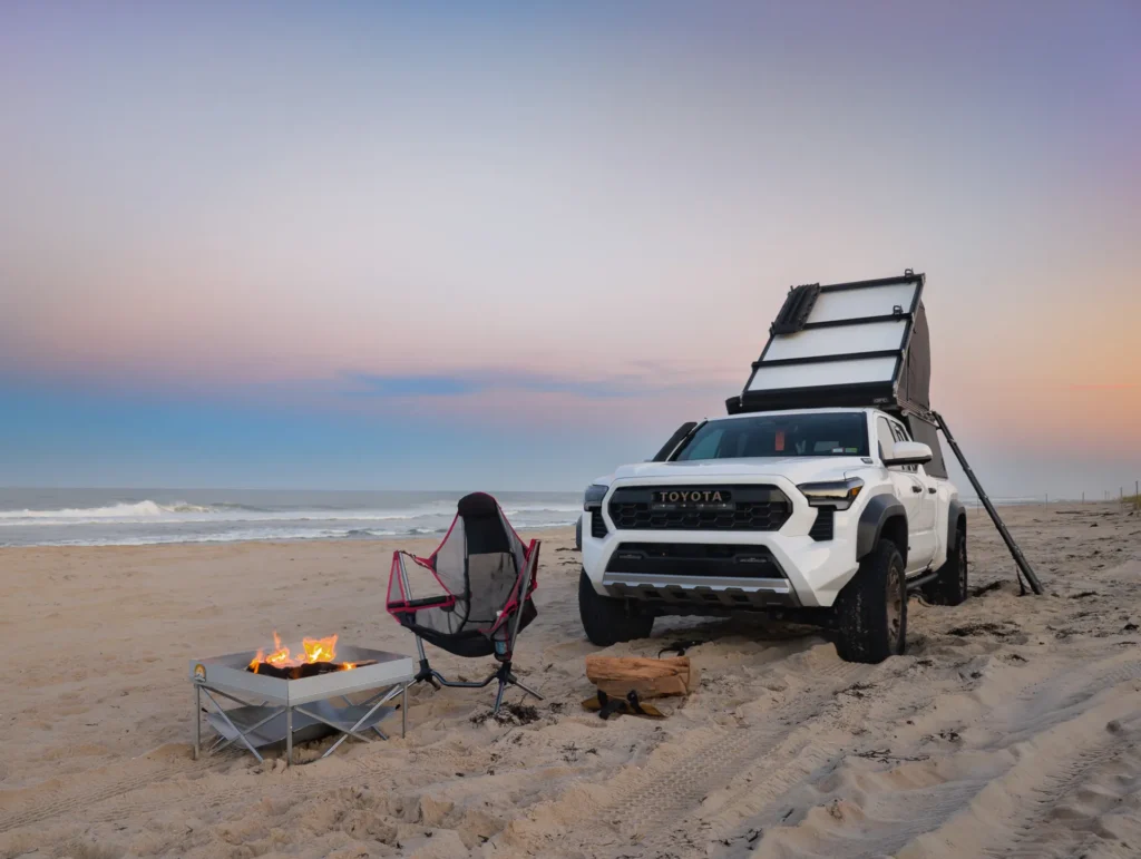 Toyota Tacoma Trailhunter with GFC camper on Cape Cod beach - overlanding gear test