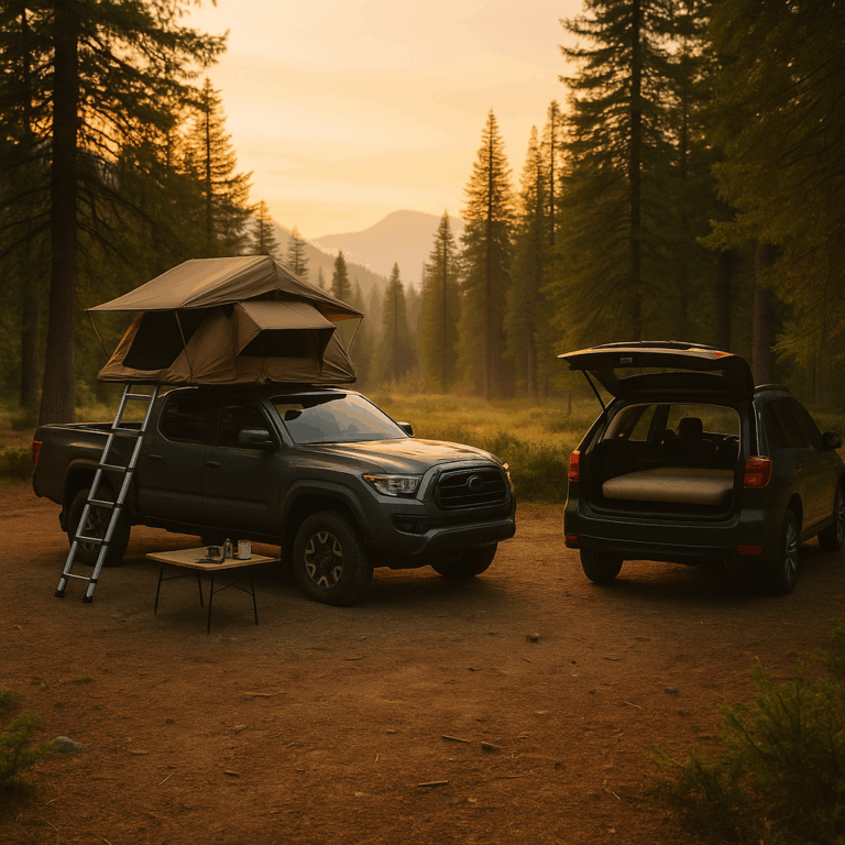 Camping setup with tent on truck