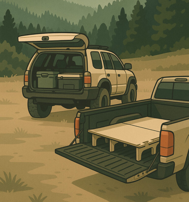 Two vehicles in a forested area